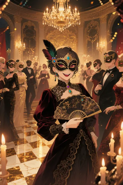 A oil painting  anime style,luxurious party scene inside a elegant masquerade ballroom. All guests are wearing velvet and silk textures,elegant baroque fashion, intricate lace and embroidery and evil smile face.The overall mood is playful and mysterious. ornate masks,  adding a surreal and whimsical atmosphere. Each person is also wearing an ornate masquerade mask that hides their eyes—some feature feathers, jewels, or intricate metalwork. The lighting is warm and festive, with chandeliers casting golden reflections across polished floors.folding frilled fan ,candlelit ballroom, soft glowing lights, polished marble floor, rich color palette, cinematic composition, Rococo-inspired,subtle grain, chiaroscuro lighting, mysterious mood, fantasy realism
