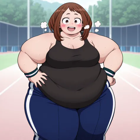 masterpiece, best quality, highres, newest, 1girl, solo, official style, anime screencap,  uraraka, brown hair, brown eyes, blush stickers, black tank top, collarbone, wristband, blue track pants, outdoor, hand on hip, cowboy shot, smile, looking at viewer...