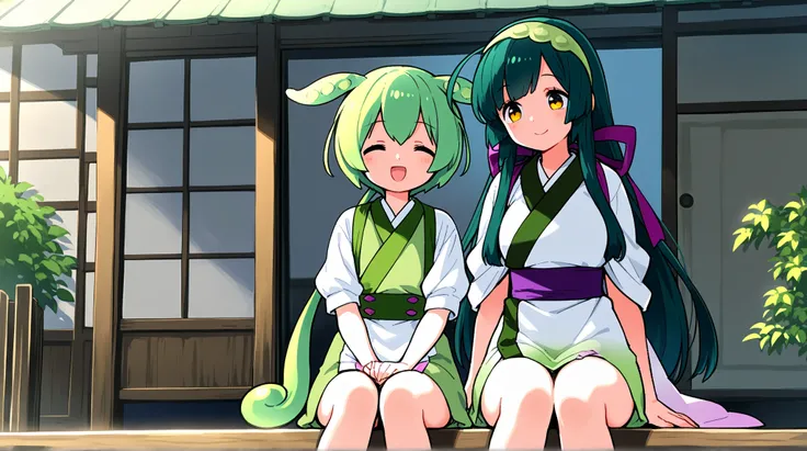 Tohoku Zunko,zundamon,TWO GIRLS,high resolution,smile,is smiling,top quality,sitting