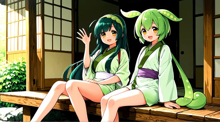 Tohoku Zunko,zundamon,TWO GIRLS,high resolution,smile,is smiling,top quality,sitting