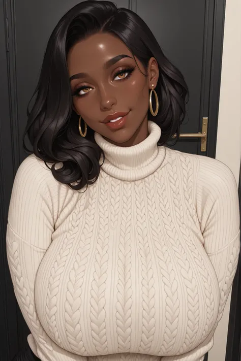 1 hot, milf, Rich girl, very dark skin, eyes black, knitted sweater, ssmile, marvelous, africana