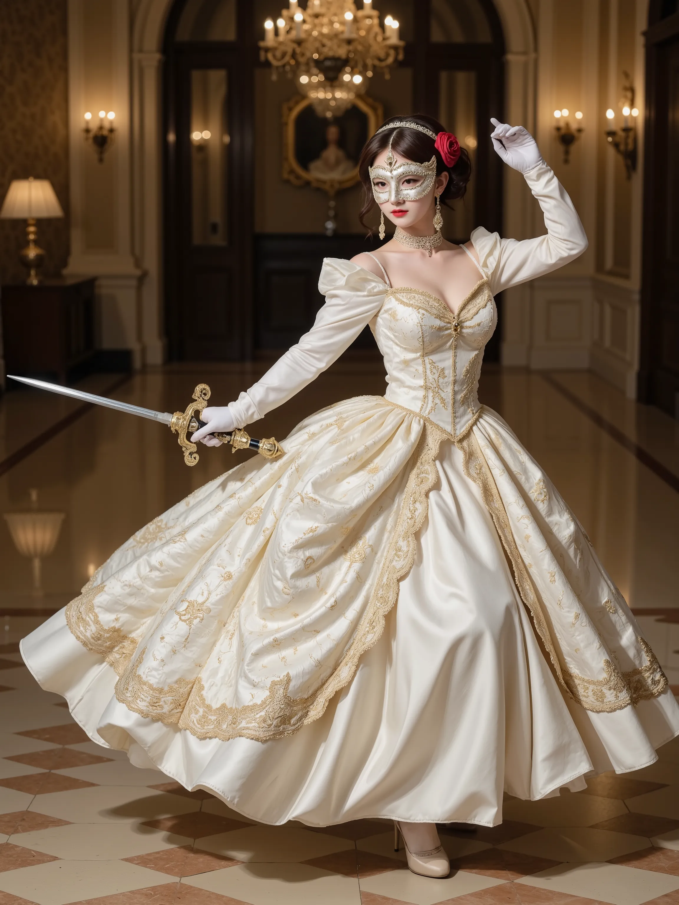 A beautiful woman wearing an ornate silver mask dances with a rapier at an elegant ball. Her floor-length white dress features intricate golden embroidery patterns, paired with white long gloves extending past her elbows and matching high-heeled shoes. A r...