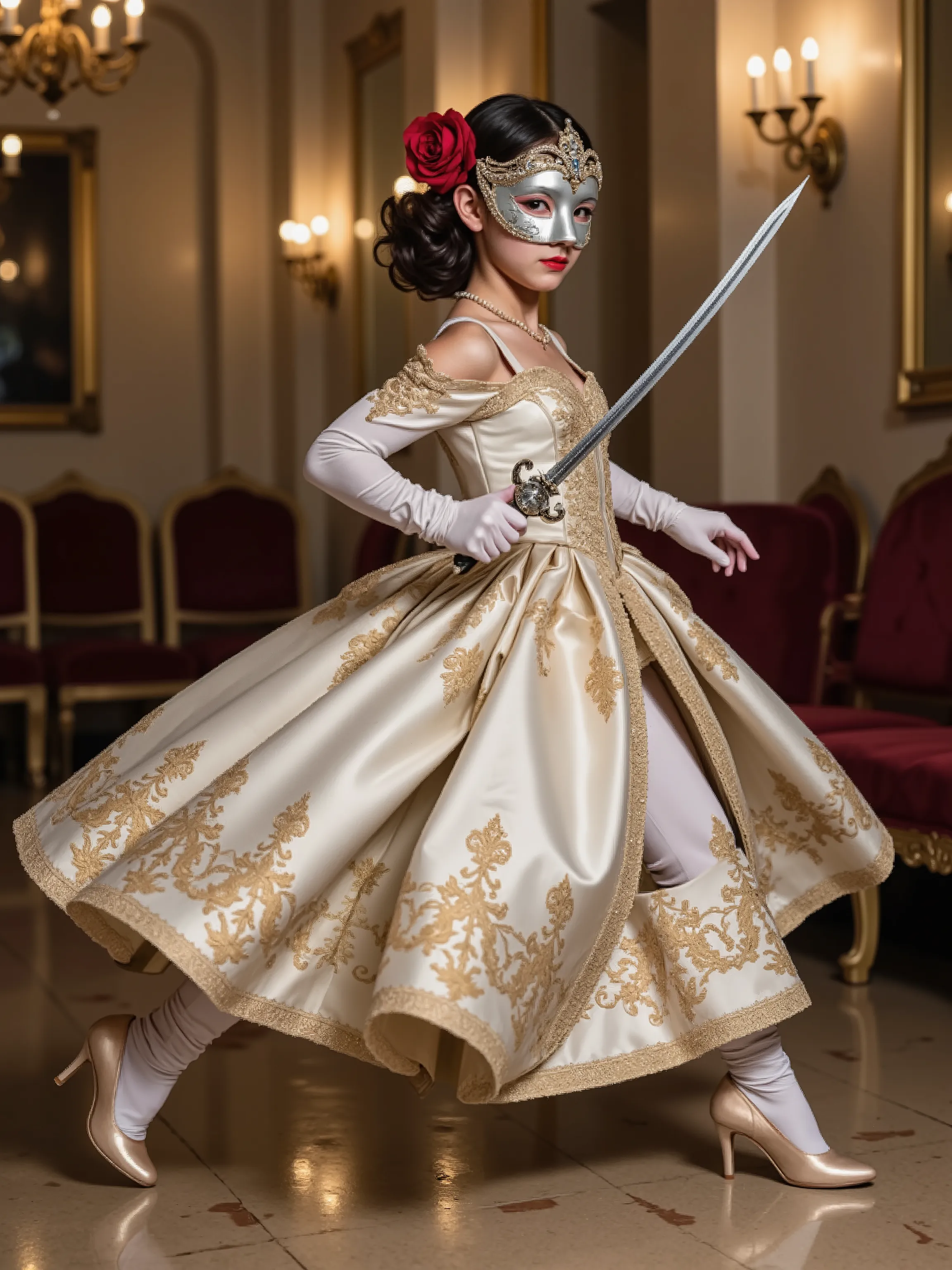 A high school girl wearing an ornate silver mask dances with a rapier at an elegant ball. Her floor-length white dress features intricate golden embroidery patterns, paired with white long gloves extending past her elbows and matching high-heeled shoes. A ...