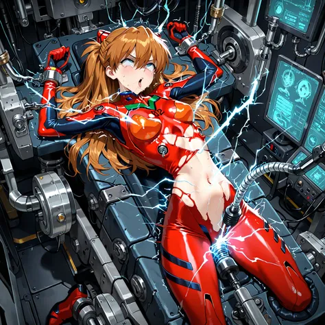 masterpiece, 1girl, 2aliens, 4k,souryuu asuka langley, beautiful woman, abducted by aliens, aboard a spaceship, fair skin, slender, restrained, (navel showing), (torture machine), electric shocks, (electrocution), (sparks), (electric torture), (electricity touching stomach), (perfect anatomy), crying,ohogao, struggling, exhausted, tortured, exposed, vulnerable,rolling eyes,