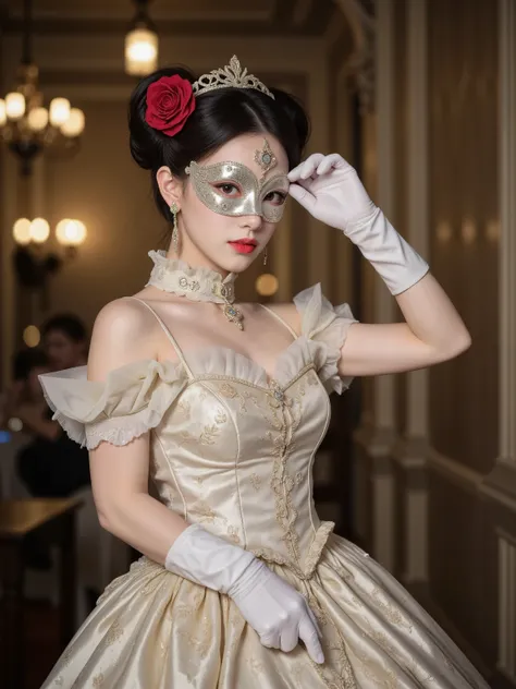 A girl wearing a high-quality silver mask and a white dress with gold shining embroidery,long gloves,high heels,Silver rapier, Red Rose Hair Ornament,Dances her sword brilliantly at the ball,high resolution,Photo Real,4K,HDR,Bokeh,Professional,vibrant colo...