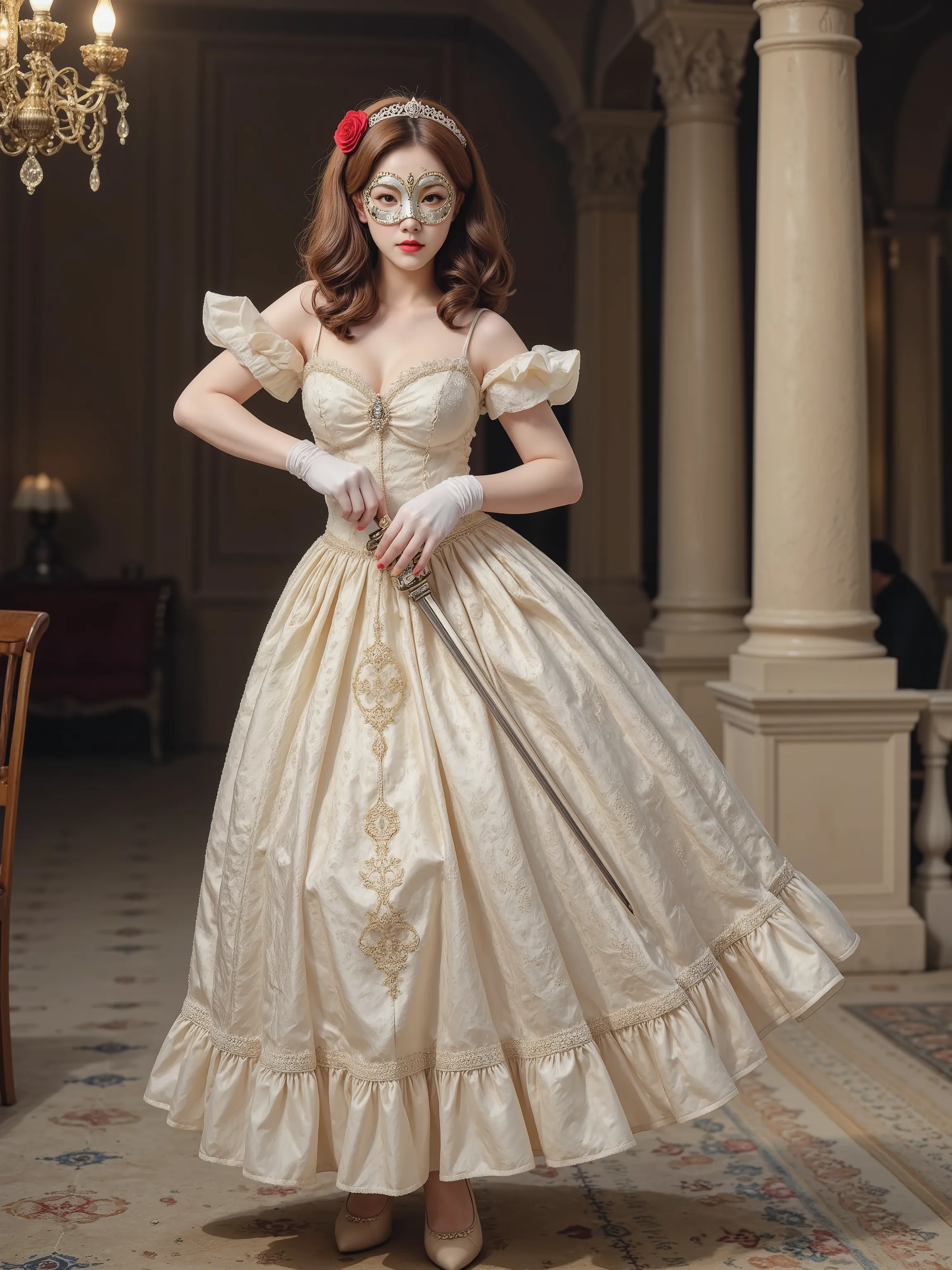 A girl wearing a high-quality silver mask and a white dress with gold shining embroidery,long gloves,high heels,Silver rapier, Red Rose Hair Ornament,Dances her sword brilliantly at the ball,high resolution,Photo Real,4K,HDR,Bokeh,Professional,vibrant colo...