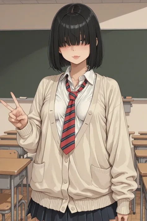 1 girl, short black hair, bangs over eyes, voluptuous, small breasts, loose cardigan, white shirt, red striped tie, pleated skirt, classroom background, look at viewer, peace sign 