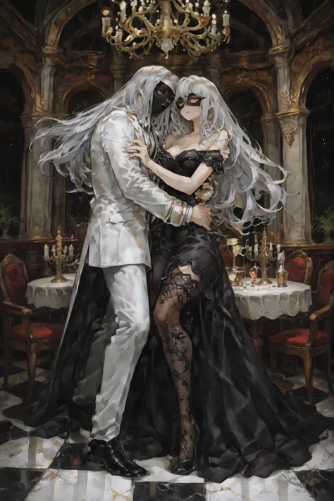 in a grand ballroom decorated with luxurious chandeliers and dim lighting, the two are enjoying an enchanting dance. The {x} woman is intricately decorated with elaborate off-the-shoulder Lace detail wearing a black gown, a mysterious mask enhances it. her...