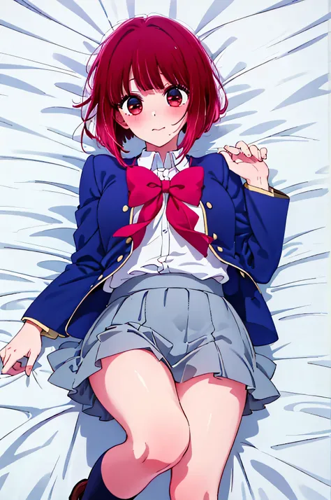 1 person, Arima, high school students, grey miniskirt, school uniform, white sheets, Lie on your back, embarrassing, Red cheeks, Seducing Men, Above the knee