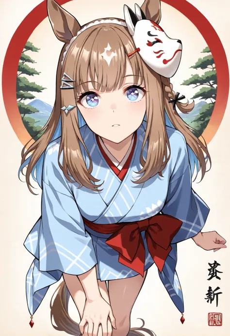 (masterpiece, best quality, perfect face:1.4),Vibrant colors, Ukiyo-e style, wide angle, almond eye \(umamusume\), (white hair ornament), horse ears, horse tail, tail on the lower back, proportional body, proportional,1 girl, beautiful hair, beautiful face...