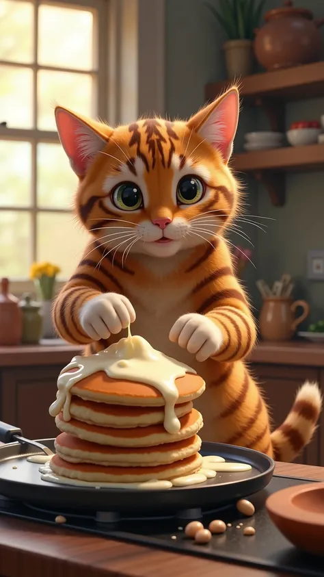highdefinition images,Pancakes made by a tiger pattern cat、Pancakes with a large serving of white cream