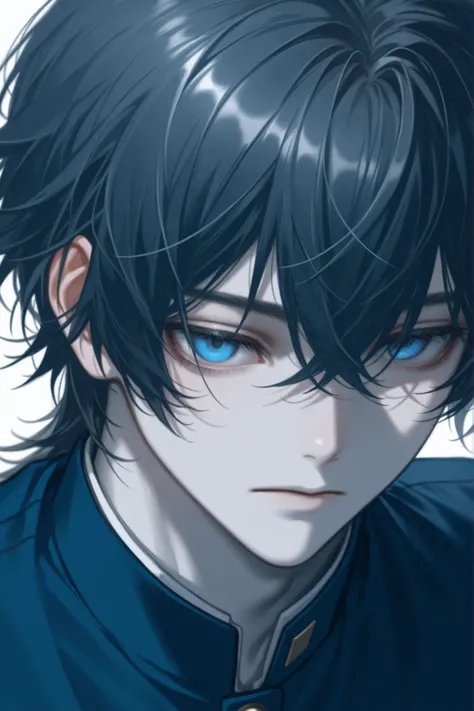 male,  black hair, blue eyes, expressionless, white skin, School uniform