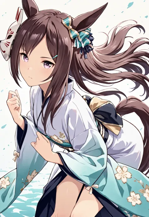 (masterpiece, best quality, perfect face:1.4), Vibrant colors, Ukiyo-e style, wide angle, mejiro dober \(umamusume\), 1girl, floating hair, horse ears, horse tail, tail on the lower back, proportional body, proportional, beautiful hair, beautiful face, bea...