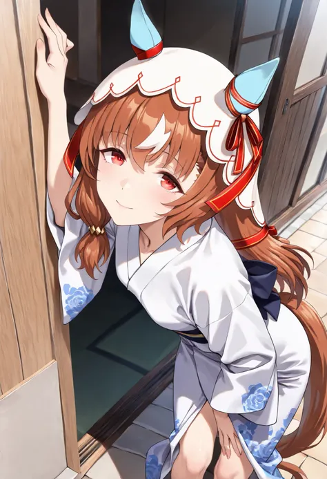 (masterpiece, best quality, perfect face:1.4), wide angle, Still in Love \(umamusume\), brown hair, red eyes, long hair, streaked hair, horse ears, ear cover, ear ornament, veil, red hair ribbon, small breasts, horse tail, tail on the lower back, proportio...