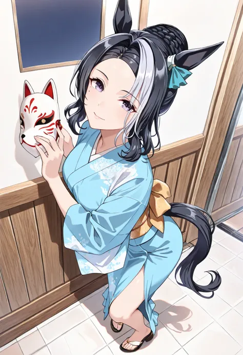 (masterpiece, best quality, perfect face:1.4), wide angle, full body, mejiro ramonu \(umamusume\), black hair, white hair, multicolored hair, ((long hair)), wavy hair, purple eyes, mole under eye, ear ornament, horse ears, horse tail, tail on the lower bac...