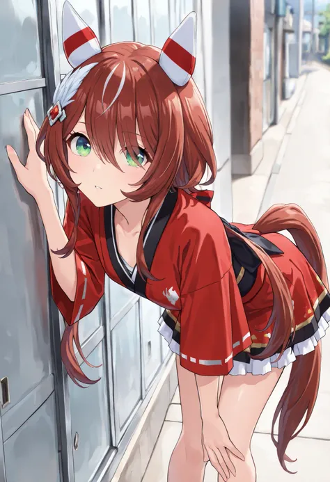 (masterpiece, best quality, perfect face:1.4), wide angle, win variation \(umamusume\), 1girl, feather hair ornament, two-tone ear covers, horse ears, horse tail, tail on the lower back, proportional body, proportional,1 girl, beautiful hair, beautiful fac...