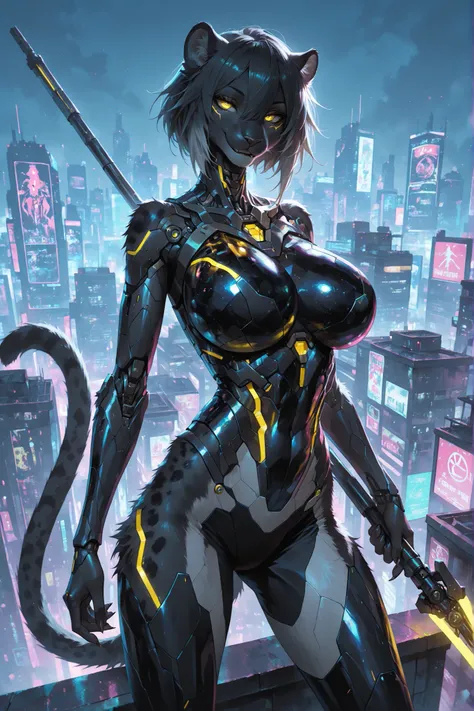 Cyberpunk city,Outdoors,On the roof,Noon,A Bionic Black Panther Female(Furry),Full Black Fur,Sliver short hair,Yellow eyes,Seductive smile,Huge oppai,Wearing a Black Bionic Armor,Spreading legs Standing,holding A light Spear, UHD, masterpiece, anatomically...