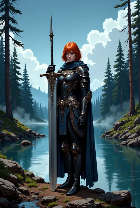 In RPG style, in style of Dungeons & Dragons, in style of fantasy painting. Full body view, looking at the viewer. Image of a female warrior, holding a sword with dark narrow blade. Dark Armor. Short cloak. Dark pants. High leather boots with small heels. ...