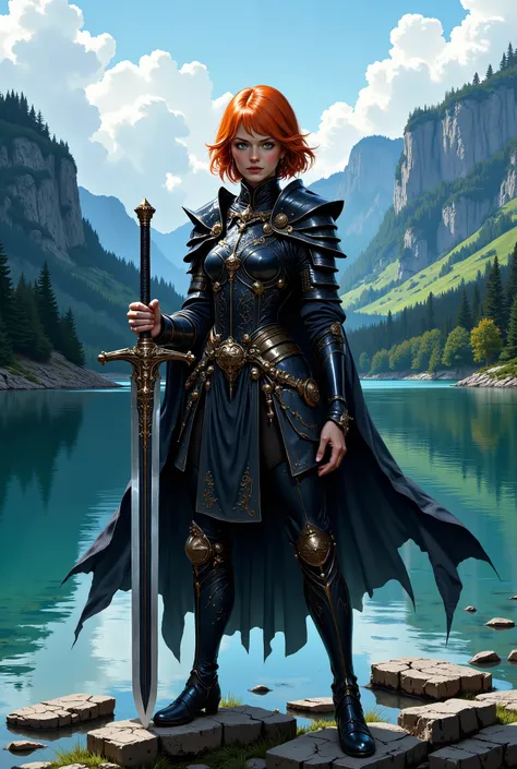 In RPG style, in style of Dungeons & Dragons, in style of fantasy painting. Full body view, looking at the viewer. Image of a female warrior, holding a sword with dark narrow blade. Dark Armor. Short cloak. Dark pants. High leather boots with small heels. ...