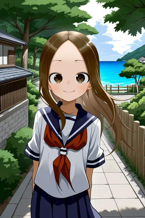  yamamotosouichirou
takagi-san
brown eyes, dark brown hair, long hair, parted hair, forehead, petite, slim
white shirt, blue sailor collar, red neckerchief, short sleeves, blue skirt
 masterpiece, best quality, amazing quality, very aesthetic, absurdres, d...