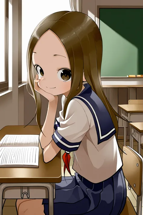  Yamamoto Souichirou
Takagi-san
Brown eyes, dark brown hair, long hair, parting, forehead, petite, slim
White shirt, blue sailor collar, red neckerchief, short sleeves, blue skirt
 masterpiece, best quality, amazing quality, very beautiful, absurd, detaile...