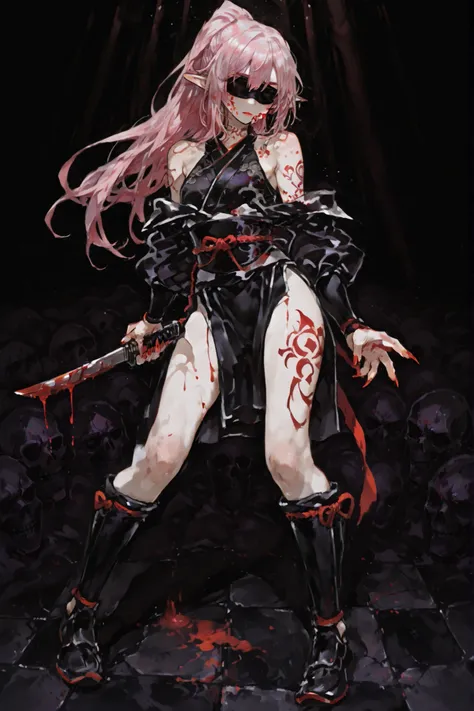 full body, dynamic pose, Dim lighting,((solo、petite girl、Ninja、Ninja、Ninja服、Ninja costume、bare skin shoulders、hide half of your face with a black blindfold、cover both eyes with blindfolds、Long sleeve、long pink hair、ponytail、Hair between eyebrows、elf ears、S...