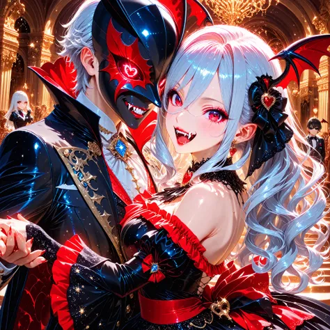 Very High resolution,Realistic and mature anime-style,masterpiece,best quality,amazing quality,hyper-detailed,very aesthetic,A composition centered on the upper body,A luxurious palace,Glittering decorations,Men and women dancing at a masquerade ball,A fem...