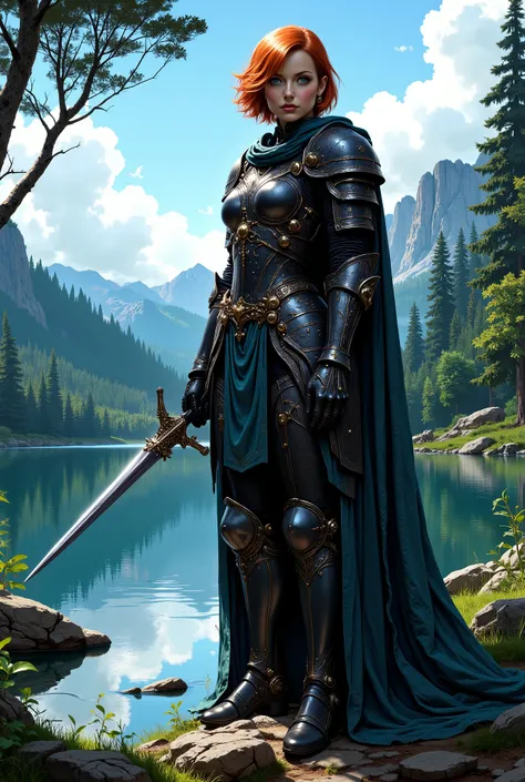 In RPG style, in style of Dungeons & Dragons, in style of fantasy painting. Full body view, looking at the viewer. Image of a female warrior, holding a sword with dark narrow blade. Dark Armor. Short cloak. Dark pants. High leather boots with small heels. ...