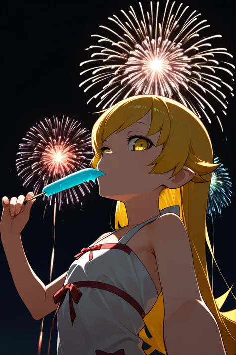 1girl, solo, oshino shinobu,
selfie, popsicle in mouth,
from side, from below, upper body,
dark background, fireworks, high contrast,

masterpiece, best quality, very aesthetic, good quality, newest, very awa, absurdres, highres


