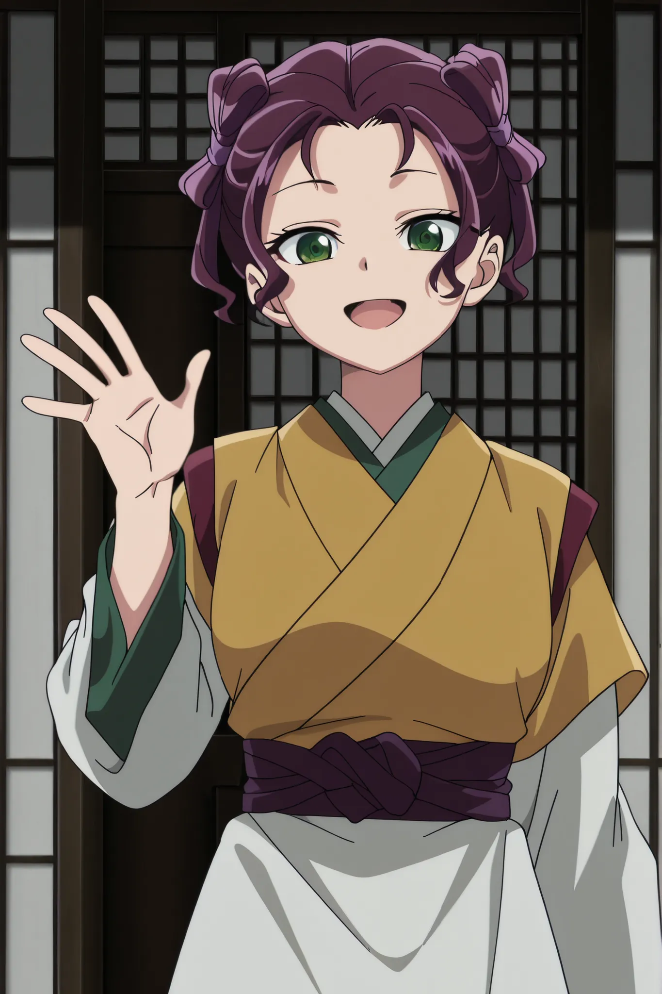 anime coloring, anime screencap, 1girl, green eyes, purple hair, curly sidelocks, tied hair, japanese clothes, yellow kimono, white kimono, waving, looking at viewer, smile, open mouth    masterpiece, best quality, amazing quality, very aesthetic, absurdre...