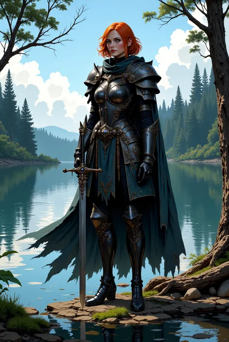 In RPG style, in style of Dungeons & Dragons, in style of fantasy painting. Full body view, looking at the viewer. Image of a female warrior, holding a sword with dark narrow blade. Dark Armor. Short cloak. Dark pants. High leather boots with small heels. ...