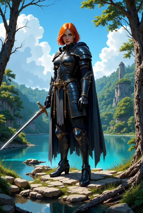 In RPG style, in style of Dungeons & Dragons, in style of fantasy painting. Full body view, looking at the viewer. Image of a female warrior, holding a sword with dark narrow blade. Dark Armor. Short cloak. Dark pants. High leather boots with small heels. ...