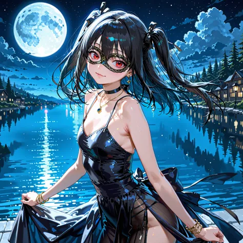 night、Under the full moon、lake、young woman、Vampires、dance party eye mask、Red Eyes、Dance Party Dress、masterpiece、top quality:1.5