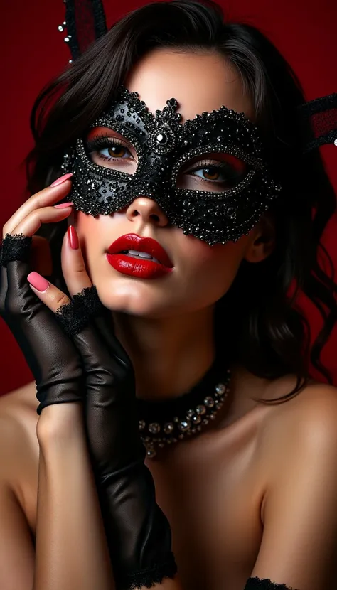  Woman getting ready for a masquerade,places a mesh eye mask to wear at a masquerade ball in the center of the screen,Attach the choker to the eye mask,Mask with beautiful shining decorations , Embrace a mask,place a mask in the center of the screen,I can see women、Only hands are shown,masquerade illustration ,  Vivid details,  artilove blow style      ,Bar scene  ,  Picture , photo-realistic  ,  very detailed,Movie Lighting/(Greatest Masterpiece/top quality/high resolution)Hydrated red lips/"shiny skin floats below the waist"nail/black see-through gloves · elegant mesh gloves/sexy/close his mouth//big boobs/