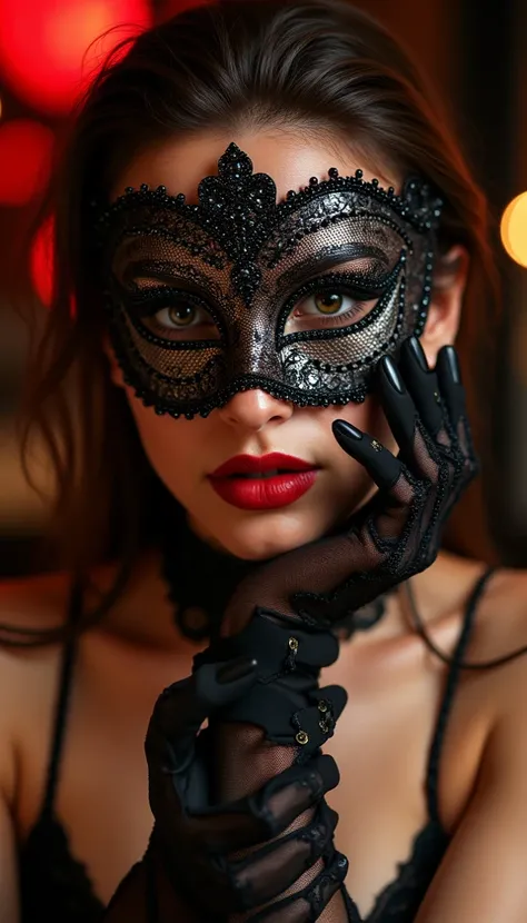  Woman getting ready for a masquerade,places a mesh eye mask to wear at a masquerade ball in the center of the screen,Attach the choker to the eye mask,Mask with beautiful shining decorations , Embrace a mask,place a mask in the center of the screen,I can see women、Only hands are shown,masquerade illustration ,  Vivid details,  artilove blow style      ,Bar scene  ,  Picture , photo-realistic  ,  very detailed,Movie Lighting/(Greatest Masterpiece/top quality/high resolution)Hydrated red lips/"shiny skin floats below the waist"nail/black see-through gloves · elegant mesh gloves/sexy/close his mouth//big boobs/