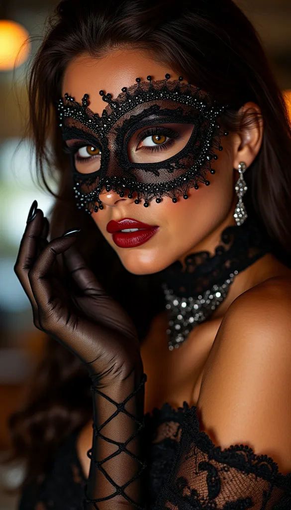  Woman getting ready for a masquerade,places a mesh eye mask to wear at a masquerade ball in the center of the screen,Attach the choker to the eye mask,Mask with beautiful shining decorations , Embrace a mask,place a mask in the center of the screen,I can see women、Only hands are shown,masquerade illustration ,  Vivid details,  artilove blow style      ,Bar scene  ,  Picture , photo-realistic  ,  very detailed,Movie Lighting/(Greatest Masterpiece/top quality/high resolution)Hydrated red lips/"shiny skin floats below the waist"nail/black see-through gloves · elegant mesh gloves/sexy/close his mouth//big boobs/