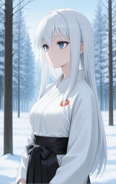 masterpiece, best quality, newest, safe, good anatomy, good resolution, good lighting. beautiful, anime, . long white hair. sky blue eyes, empty stare. black eyelashes, piel clara, slim build, medium breasts size C.  She is 23 years old , measures 1'66 cm....
