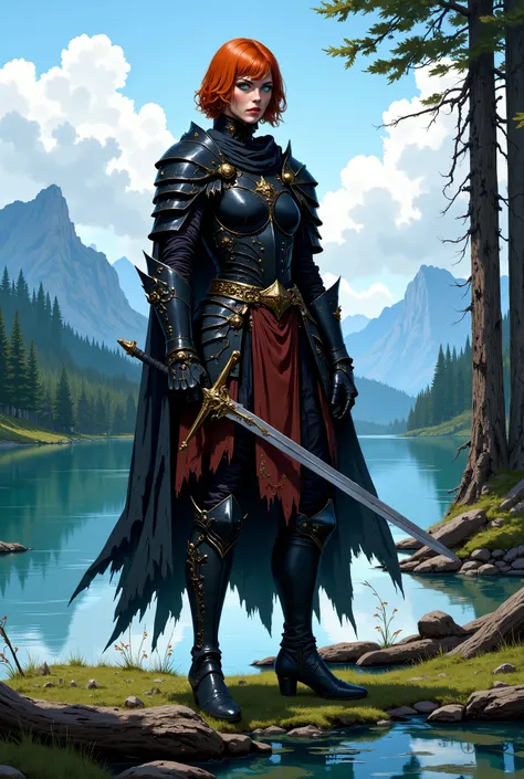 In RPG style, in style of Dungeons & Dragons, in style of fantasy painting. Full body view, looking at the viewer. Image of a female warrior, holding a sword with dark narrow blade. Dark Armor. Short cloak. Dark pants. High leather boots with small heels. ...
