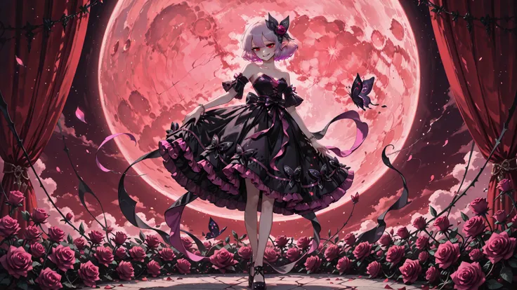 Masterpiece, top quality with lots of ribbons, anime, 2d, 1girl, (anime screencap), ( slim), alone,  luc1didol
 rest  (gradient hair, pink hair, purple hair, pointy ears, short cut), outdoors 
 rest  (Black Dress, strapless dress, Waist ribbon, black ribbo...