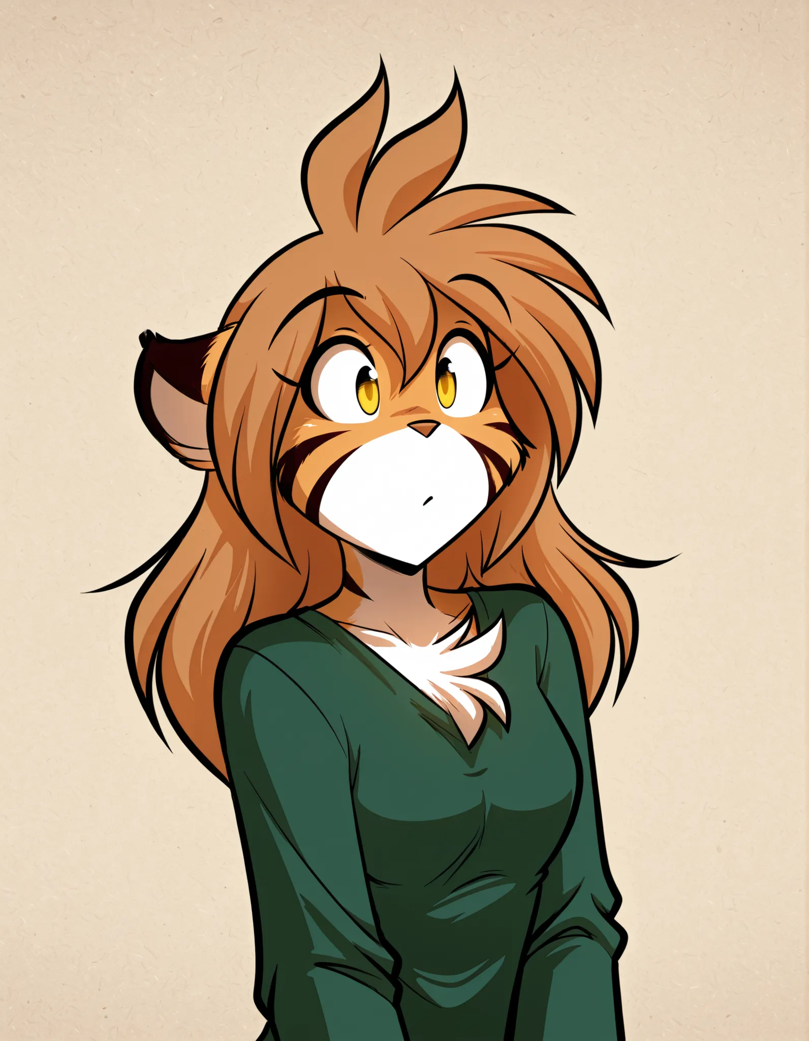 qqlttc, masterpiece, best quality, very aesthetic, 1girl,, furry, solo, flora-twokinds, flora_twokinds,, tiger, striped fur, keidran, yellow eyes, anthro, runesword,, green shirt
