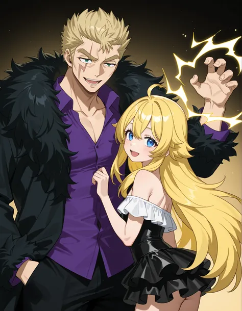 FAIRYTAIL style drawing、fairy tale style drawing、Anime、2 men and women、The girl(17 years old、milk tea colored hair color、Beige hair color、webbed hair、long hair、loose fluffy hair、Bangs３ flowers 、a good style、model body type、white off-the-shoulder top、black ...