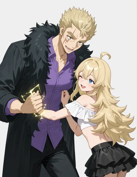 FAIRYTAIL style drawing、fairy tale style drawing、Anime、2 men and women、The girl(17 years old、milk tea colored hair color、Beige hair color、webbed hair、long hair、loose fluffy hair、Bangs３ flowers 、a good style、model body type、white off-the-shoulder top、black ...