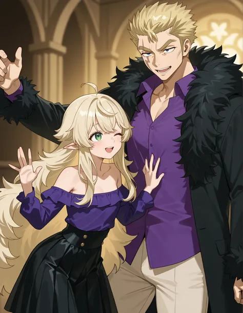 FAIRYTAIL style drawing、fairy tale style drawing、Anime、2 men and women、The girl(17 years old、milk tea colored hair color、Beige hair color、webbed hair、long hair、loose fluffy hair、Bangs３ flowers 、a good style、model body type、white off-the-shoulder top、black ...