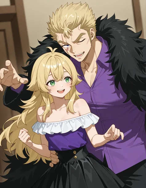 FAIRYTAIL style drawing、fairy tale style drawing、Anime、2 men and women、The girl(17 years old、milk tea colored hair color、Beige hair color、webbed hair、long hair、loose fluffy hair、Bangs３ flowers 、a good style、model body type、white off-the-shoulder top、black ...