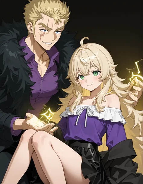 FAIRYTAIL style drawing、fairy tale style drawing、Anime、2 men and women、The girl(17 years old、milk tea colored hair color、Beige hair color、webbed hair、long hair、loose fluffy hair、Bangs３ flowers 、a good style、model body type、white off-the-shoulder top、black ...