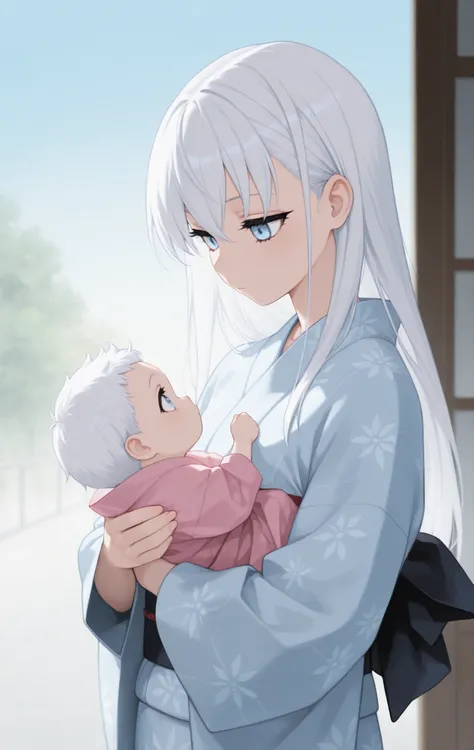 masterpiece, best quality, newest, safe, good anatomy, good resolution, good lighting.  beautiful, anime, , adorable. , White hair.  sky blue eyes . black eyelashes, piel clara. Age: 6 months, measures 66 cm. looking at the spectator, Alone, Simple backgro...