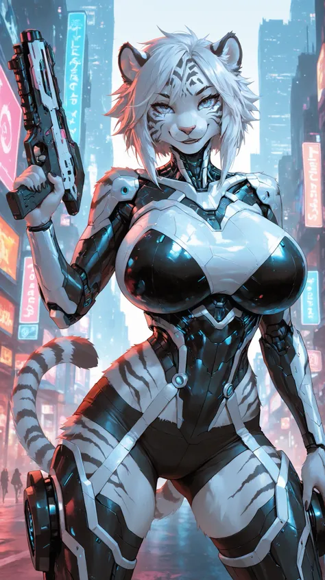 Cyberpunk city,Outdoors,On the Street,Noon,A Bionic White Tiger Female(Furry),Strong Body,Seductive smile,Huge oppai,Wearing a Pure White Bionic Armor,Spreading legs,(((Holding two Double-edged Cyber Axes))), Arm Raise, UHD, masterpiece, anatomically corre...