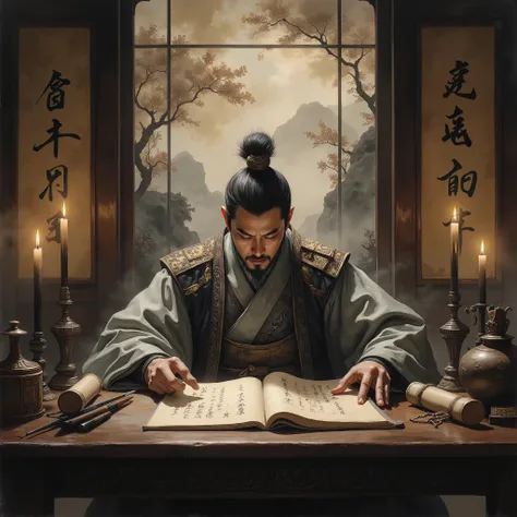 modern elements included The dramatic lighting {x} background is a foggy mountain or a classic ink-style calligraphy screen {x} with Cinematic 4K works combining traditional Chinese painting styles with modern aesthetics, 描绘Cao Cao (Cao Cao) concentrating ...