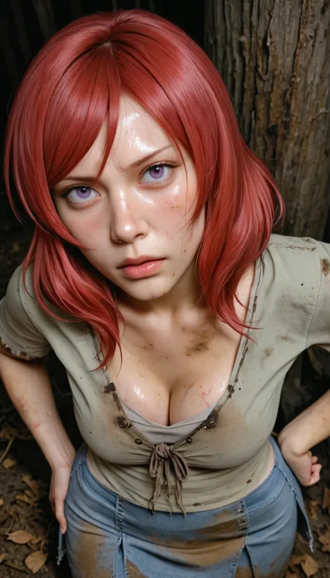 Realistic , realistic face,1girl,dynamic lighting ,nishikino maki, detailed face,wide hips, leafs top, leafs skirt, middle ages, dirty oily clothes, cleavage peek, scrape, scratches,pov, looking up at viewer ,hand on hip