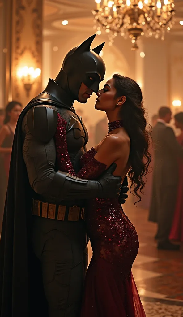 where Batman and Catwoman dance hand in hand,  cheek dance , Masquerade where many pairs of men and women dance in gorgeous costumes and masks, A glittering dance venue surrounded by gorgeous chandeliers and golden walls with mosaics, Everyone is paying attention to the dynamic dance of Batman and Catwoman dancing in the center, A fluttering Batman cloak linked to dance movements, anatomically accurate portrait